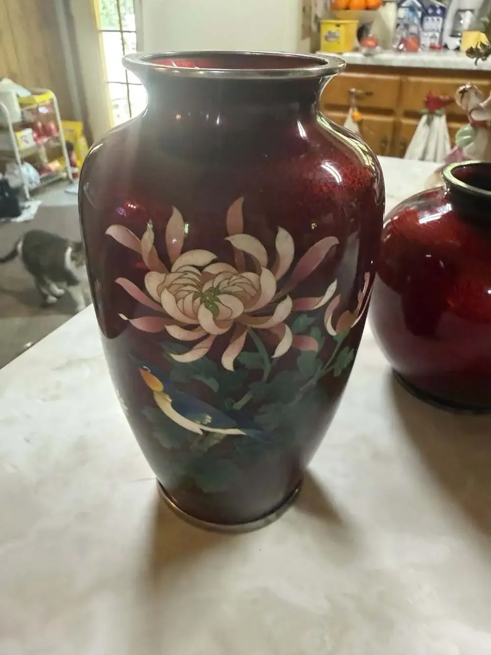 Vintage Japanese Cloisonné Pigeon Blood Red Vases 3 Piece Set Floral and Bird Mo